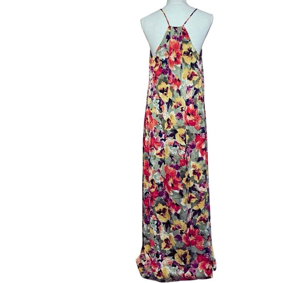Nicole Miller satin watercolor floral maxi dress sleeveless racerback pockets S - Picture 3 of 14